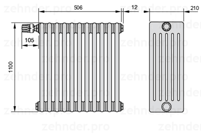 Схема (чертеж) Радиатор Zehnder Charleston 6110/11 №V012 Белый глянцевый RAL 9016